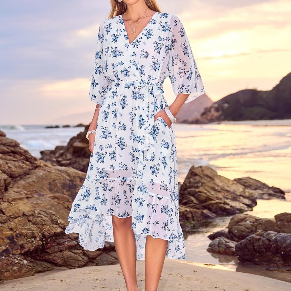 Women's Floral Boho Maxi Dress 3/4 Sleeve V Neck Tie Waist Casual Elegant - Picture 2 of 6